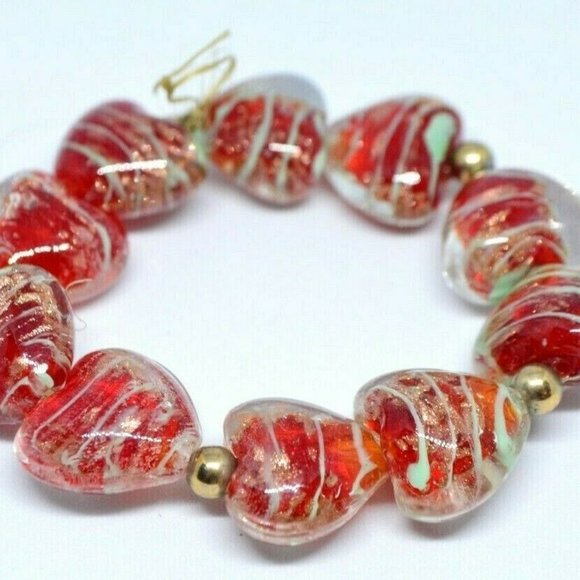 Vintage Jewelry - Red Blue Swirl Heart Art Glass Bead Bracelet